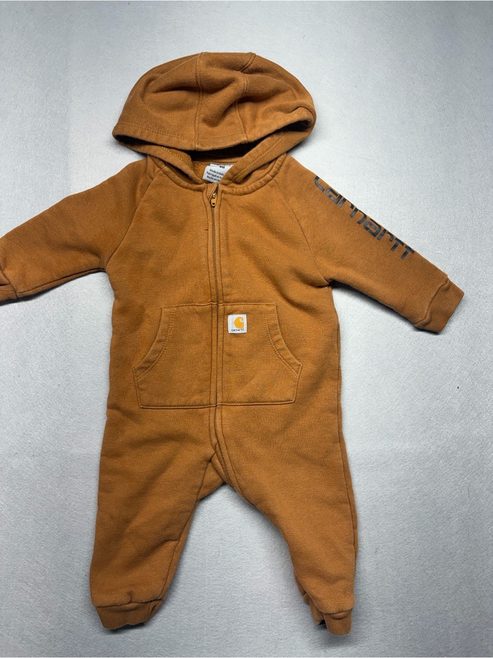 Carhartt Baby 6M Sweatsuit Hooded Coveralls Brown Cotton Blend Full Zip Pockets